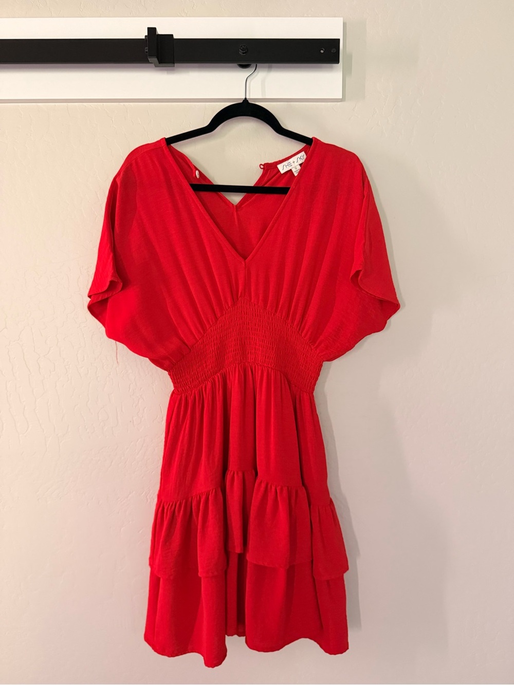 She + Sky Red V-Neck Smocked Waist Tiered Mini Dress